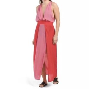 NWT Vix Solid Brigite Long Cover Up Dress Pink Red Large L Tie Color Block $298